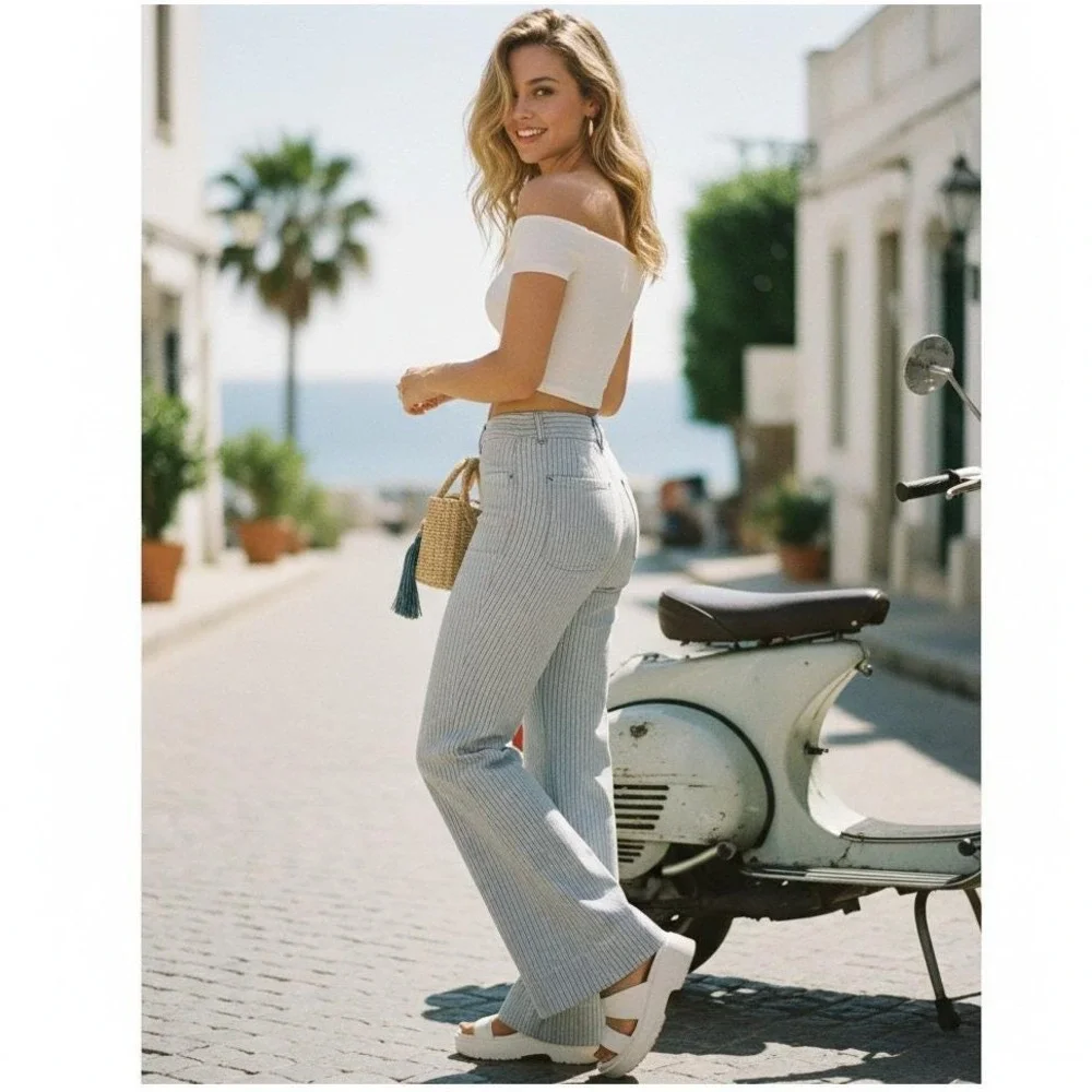 Ralph Lauren Girls 14 Blue White Striped Denim Wide Leg‎ Sailor Pants Y2K Petit